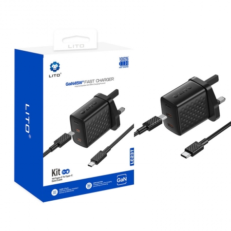 LITO LC23 45W dubbele USB-C GaN-snellader met Britse stekker voor sneller en veilig opladen op reis 