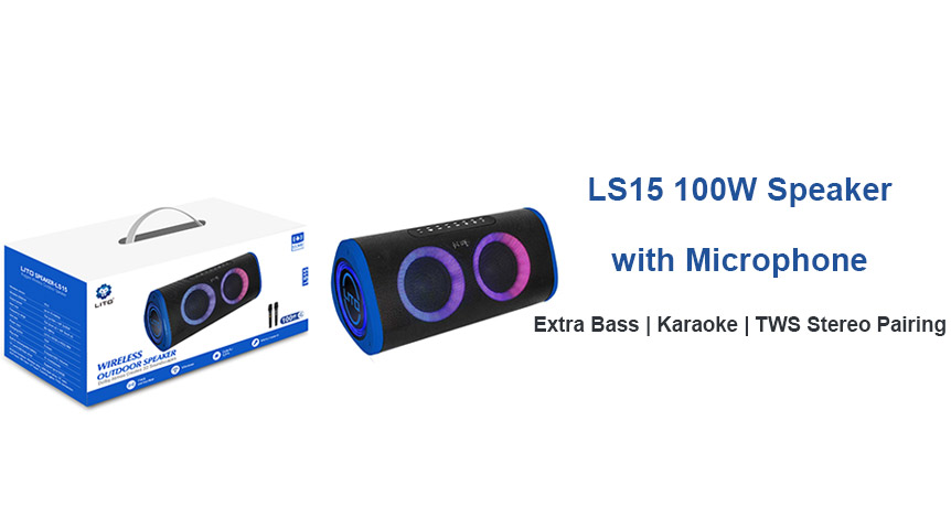 Op zoek naar een Bluetooth-luidspreker van 100 W met microfoon en karaokefuncties voor feestjes?
